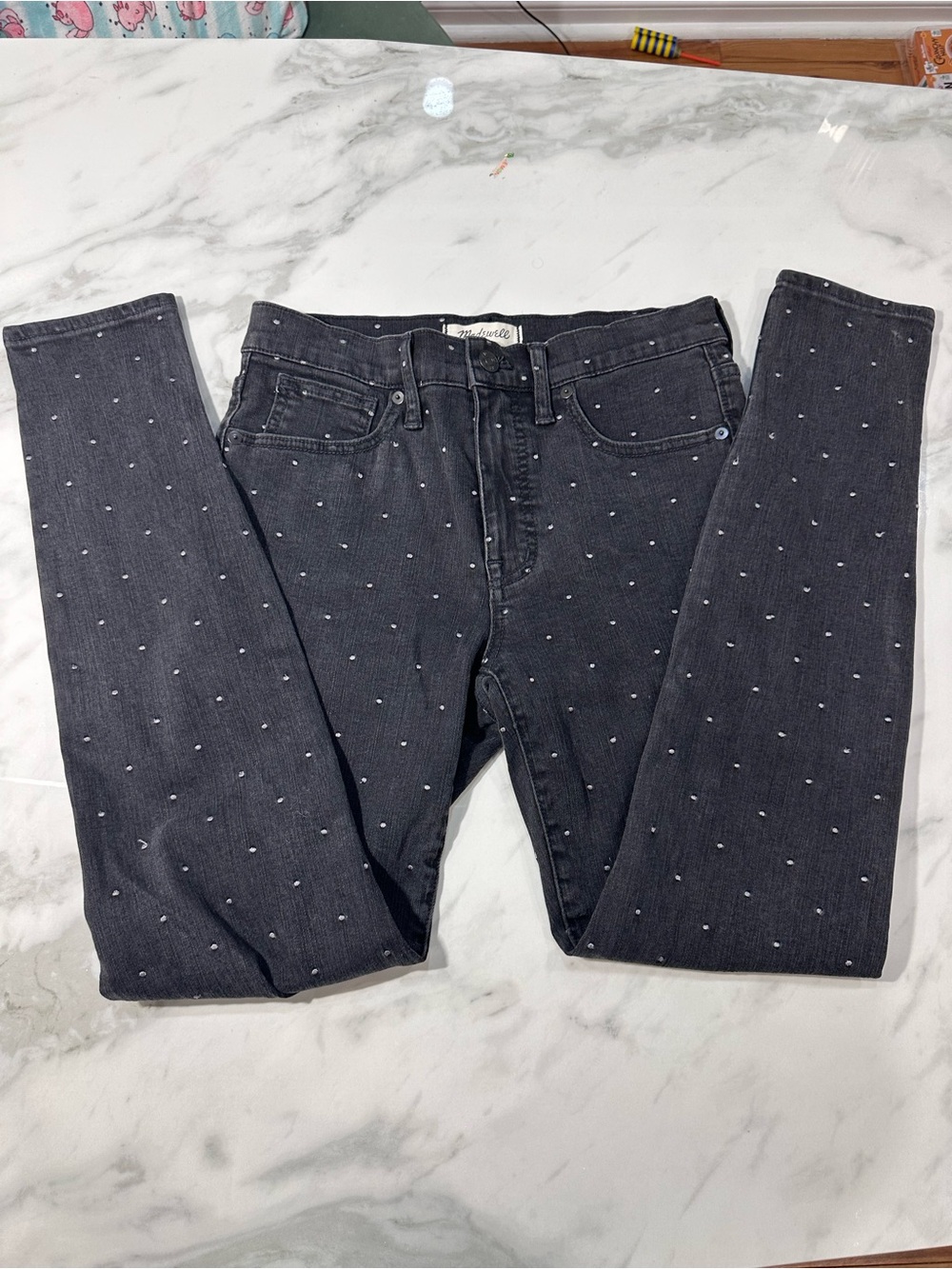 Madewell Black-Wash Dark Grey Skinny Jeans Silver Polka Dot High Rise Size 27